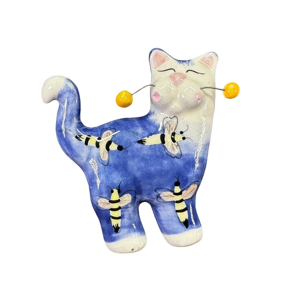 Vintage Blue Cat with Yellow Bees Lacombe Pottery  Brooch